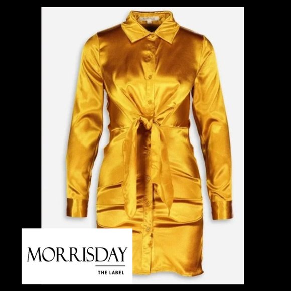 Glamourous Gold Satin Short Shirt Dress Front Tie Ruched Skirt Long Sleeve Luxe - Picture 1 of 10